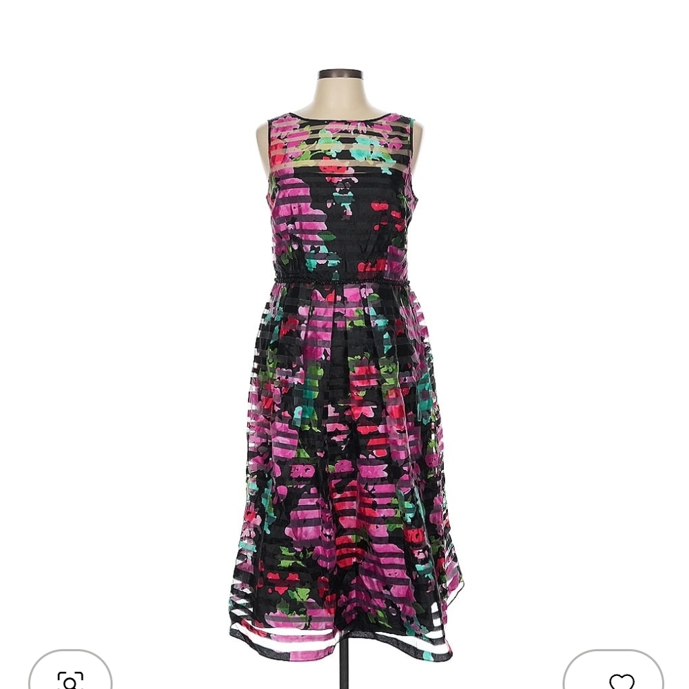 Tahari ASL Black Midi Dress with Pink & Green Floral Print